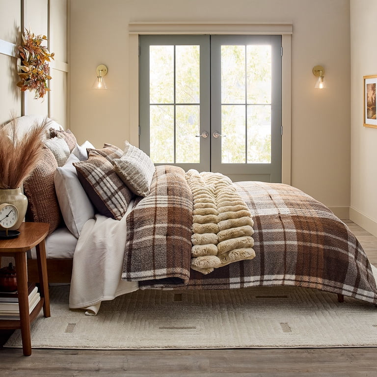 Better Homes & Gardens 3-Piece Brown Plaid Cozy Knit Comforter Set, Full/Queen | Walmart (US)