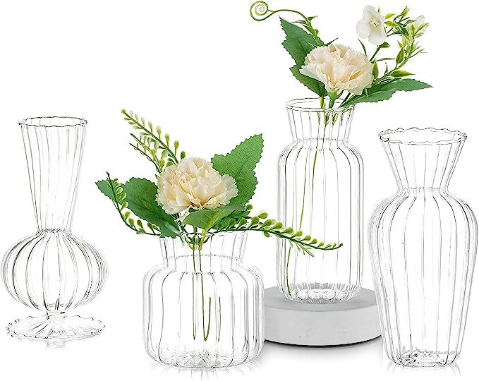 4Pcs/ Set Small Vase Different Geometric Stripe Shape, Bud Vases in Bulk Simplicity Clear, Cute M... | Amazon (US)