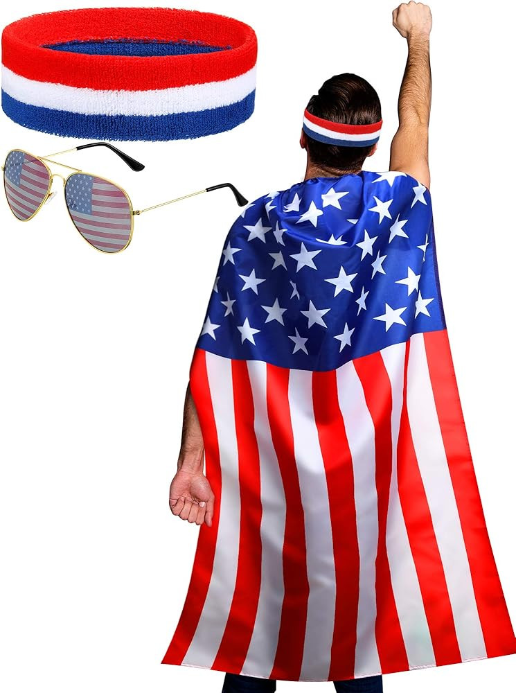 Frienda American Flag Costume Cape, 4th of July 250th Retro 80's USA Sunglasses and Flag Headband... | Amazon (US)