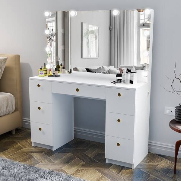 Boahaus Freya White 7-drawer Vanity Dressing Table with Lighted Mirror | Bed Bath & Beyond