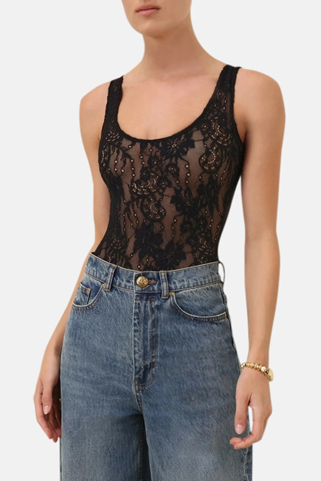 Lace Scoop Neck Bodysuit Black | Blue & Cream