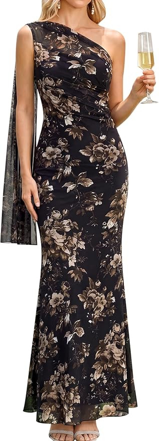 Womens One Shoulder Fall Wedding Guest Formal Floral Bodycon Maxi Dress | Elegant Cocktail Evenin... | Amazon (US)