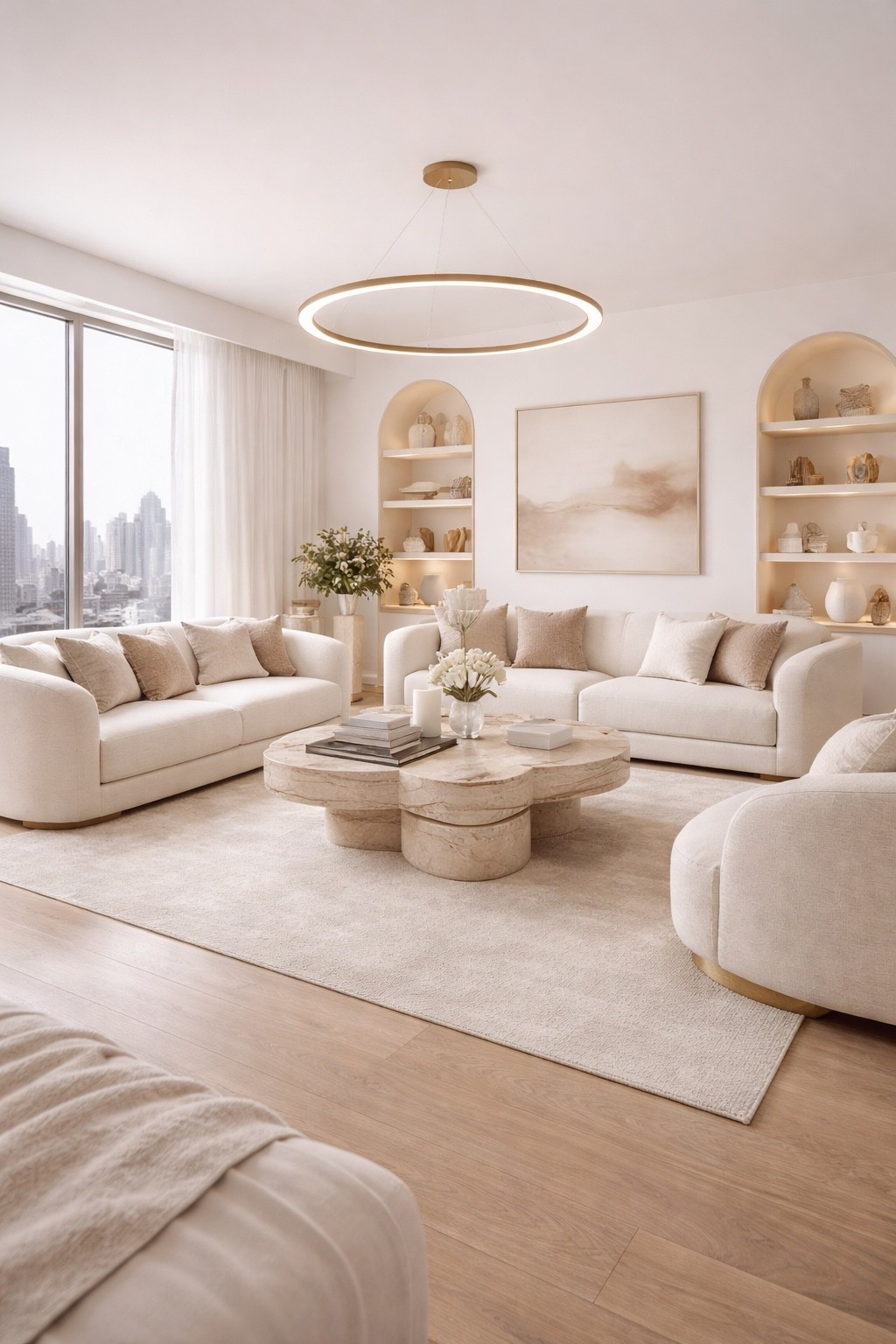 This modern living room features soft neutral tones, plush beige sofas, an ultra-modern sculptural coffee table and elegant built-in shelves. A timeless luxury interior designed for comfort, warmth and style.

#livingroominspo
#modernlivingroom
#neutralinterior
#beigeinterior
#luxuryinterior
#modernhome
#coffeetable
#sofadecor
#interiordesign
#homedecorinspo
#ltkhome
#ltkit


#LTKGiftGuide #LTKSaleAlert #LTKHome