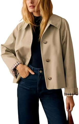 Dqbeng Womens Cropped Trench Coat Classic Collar Oversized Casual Jackets with Checkered Lining | Amazon (US)
