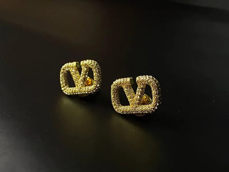 Vintage Valentino Gold Pavé Vlogo Stud Earrings - Etsy | Etsy (US)