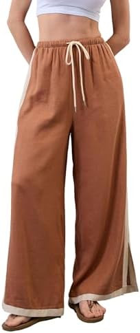 Xiaoxuemeng Linen Pnats Women Wide Leg Striped Capri Pants Casual Baggy Linen Trousers with Pocke... | Amazon (US)