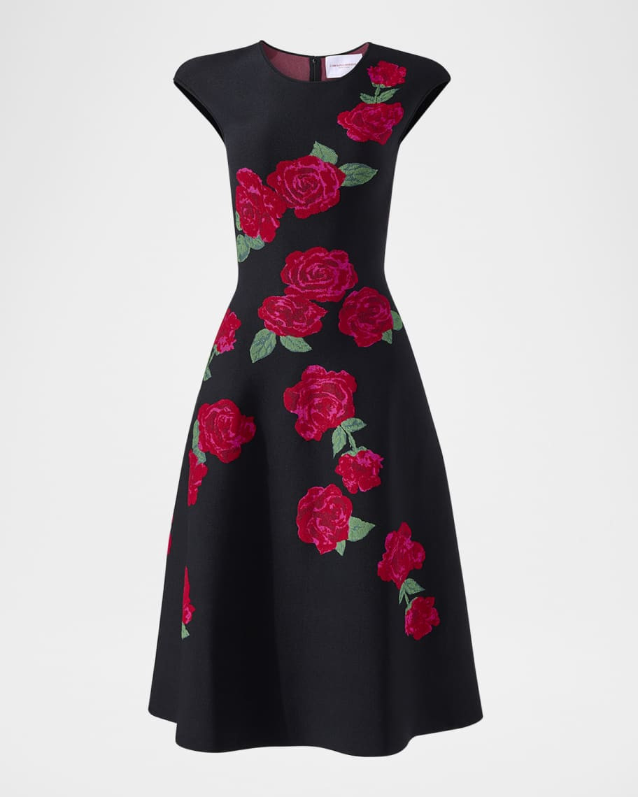 Carolina Herrera Floral Jacquard Cap-Sleeve Knit Flare Dress | Neiman Marcus