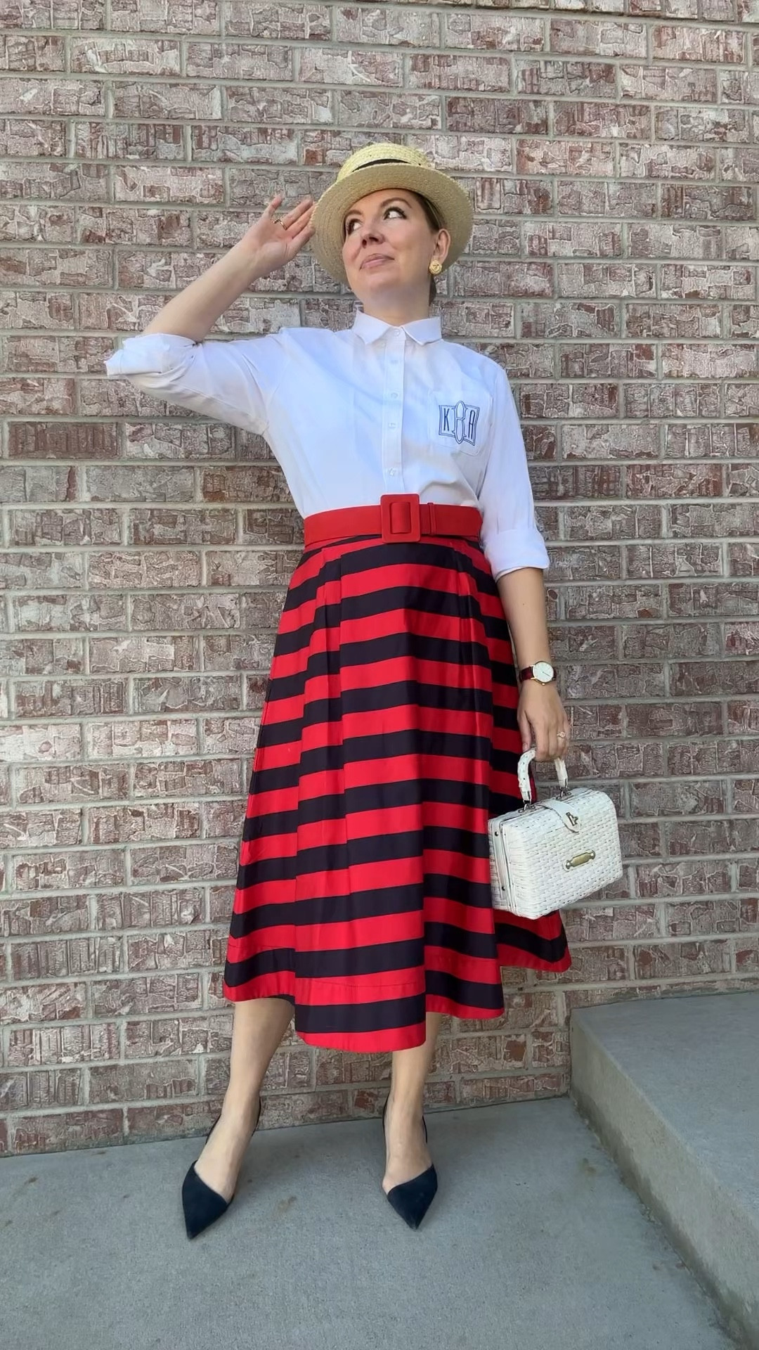 Nothing beats a white shirt and a statement skirt.

Shirt - Katie Kime (linked)
Skirt - Boden (other colors linked)
Bag - Vintage (similar linked)
Earrings - Vinatge (similar linked)
Shoes - Christian Louboutin
Belt - Boden (similar linked)
Watch - Francesca’s 
Hat - Scala (linked)

#LTKItBag #LTKWatchNow #LTKSeasonal