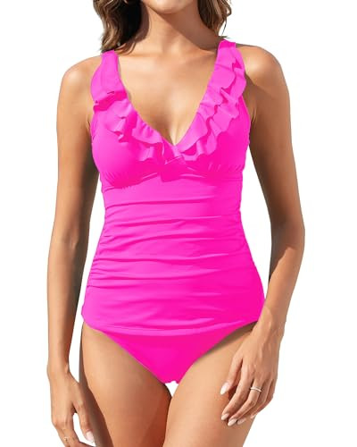 Yonique Womens Two Piece Swimsuits - Ruffle Flounce Tankini Tummy Control Bathing Suits V Neck Sw... | Amazon (US)