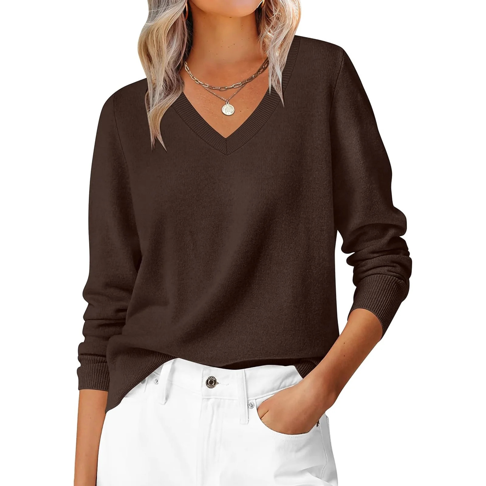 Garbnen Women's Sweaters Knitted Basic V Neck Long Sleeve Shirt for Women Lightweight Soft Fall Winter Warm Fashion Tunic Tops for Women M - Walmart.com | Walmart (US)