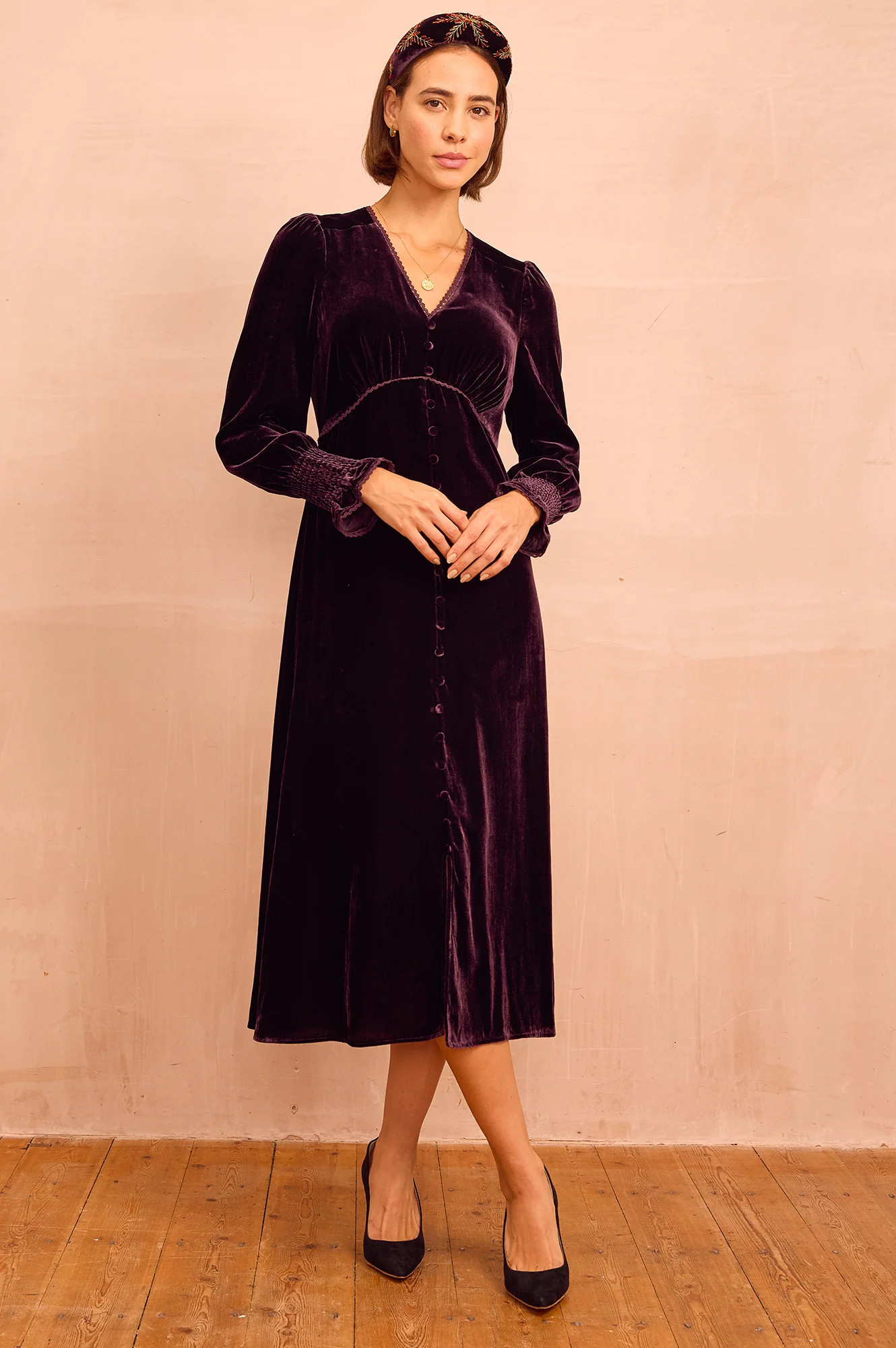 Sally Anne Velvet Long Sleeve Dress | Aubergine | Aspiga