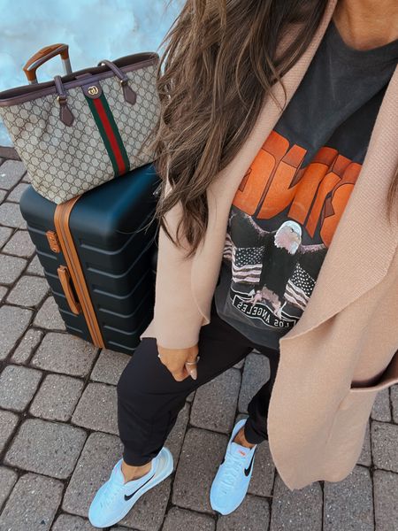Travel outfit, everyday casual daily style,
Joggers, comfy sneakers , the best layering Cardigan coatigan, black amazon travel luggage, 
Sz med in tee and joggers and small in coatigan, sneakers tts 
Go to  sunglasses, Gucci tote bag 




#LTKstyletip #LTKFind #LTKitbag