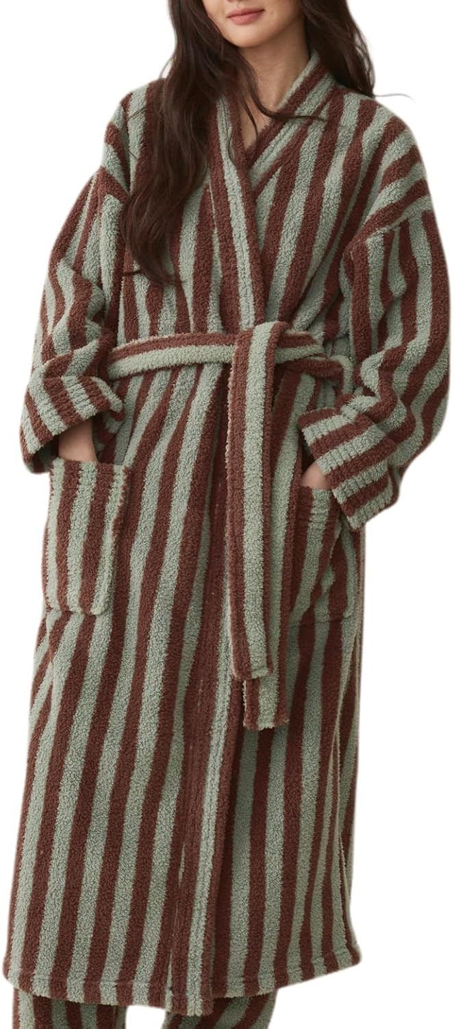 Women's Striped Plush Robe Long Soft Fluffy Bathrobe | Amazon (US)