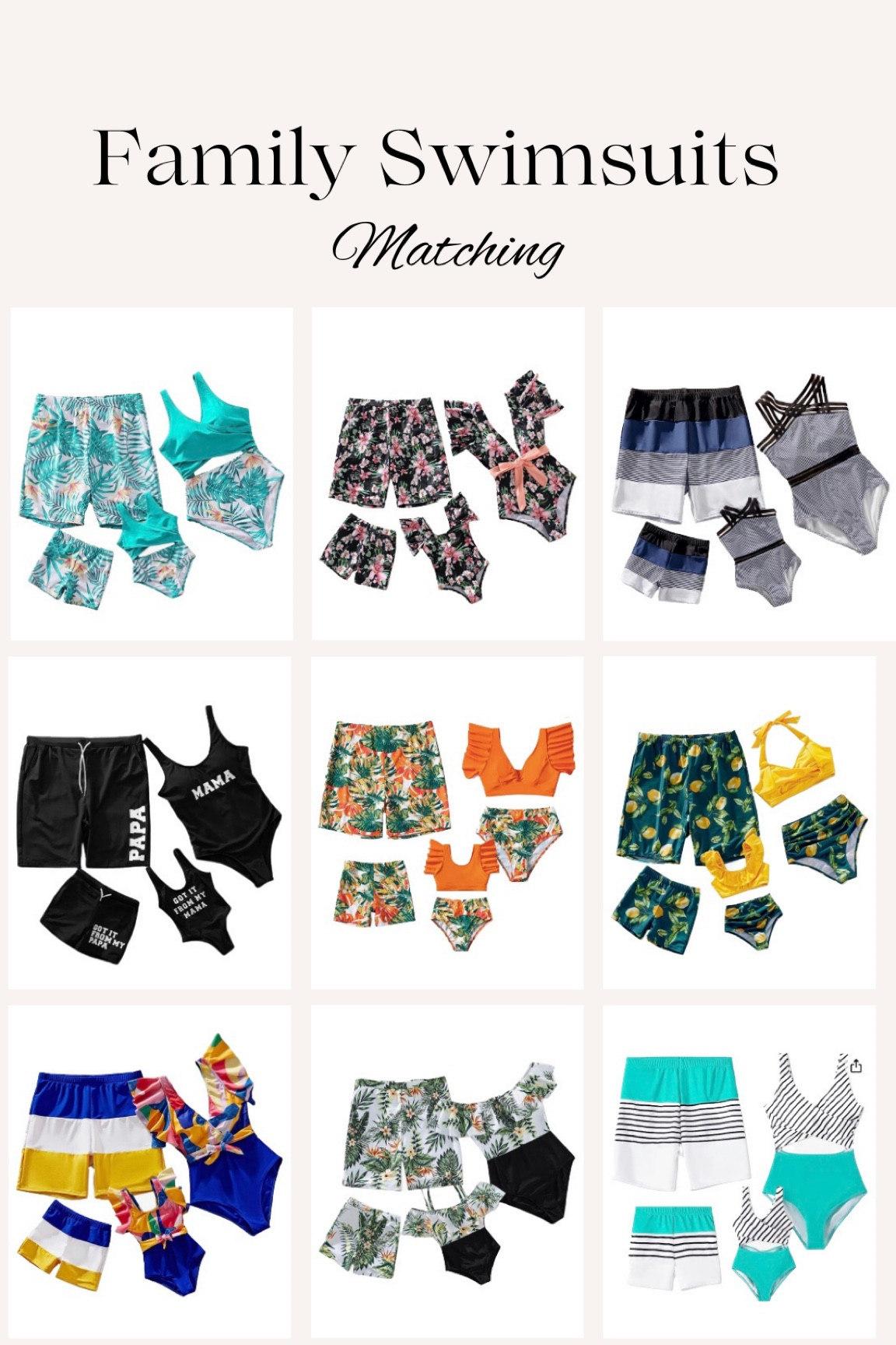 Family Matching Letter Print Splicing Striped Swim Trunks Shorts and Ruffle One-Piece Swimsuit