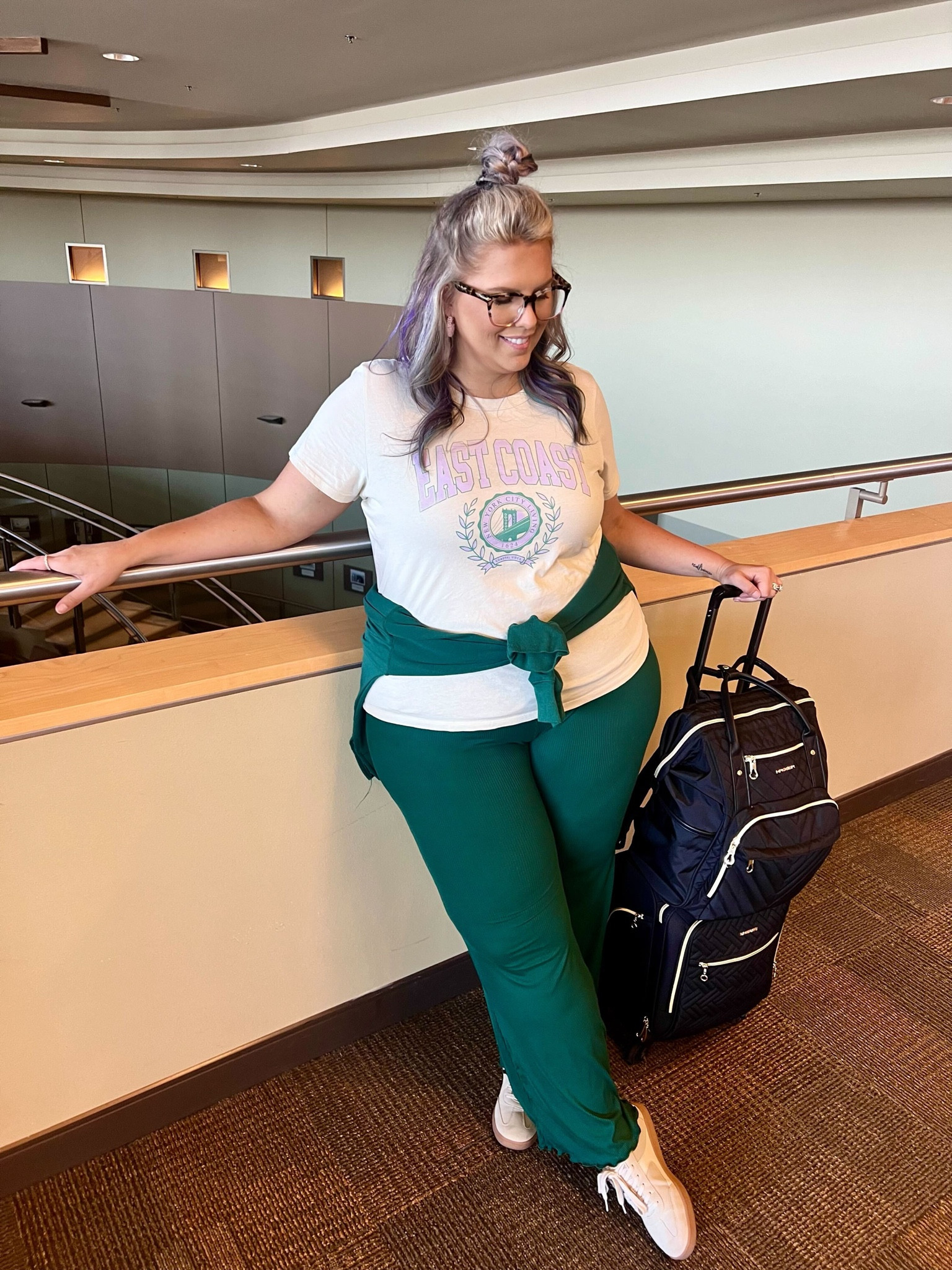 ⏺East Coast Graphic Tee - L - TTS @oldnavy
⏺Green Lounge Pants - mine no longer available but linked similar options from @aerie (‼️ON SALE‼️) & @amazonfashion
⏺Green Crewneck Sweatshirt - mine no longer available but linked  similar options from @amazonfashion
⏺Sneakers - run big (go down half a size) @walmartfashion
⏺Glasses @ezcontacts
⏺Pink Earrings - mine no longer available but linked similar options from @shein & @amazonfashion
⏺Backpack @amazon
⏺Suitcase @amazon 
⏺Fanny Pack (can’t see) @amazon
⏺️Fav No Show Socks @amazonfashion

#LTKStyleTip #LTKMidsize #LTKFindsUnder50