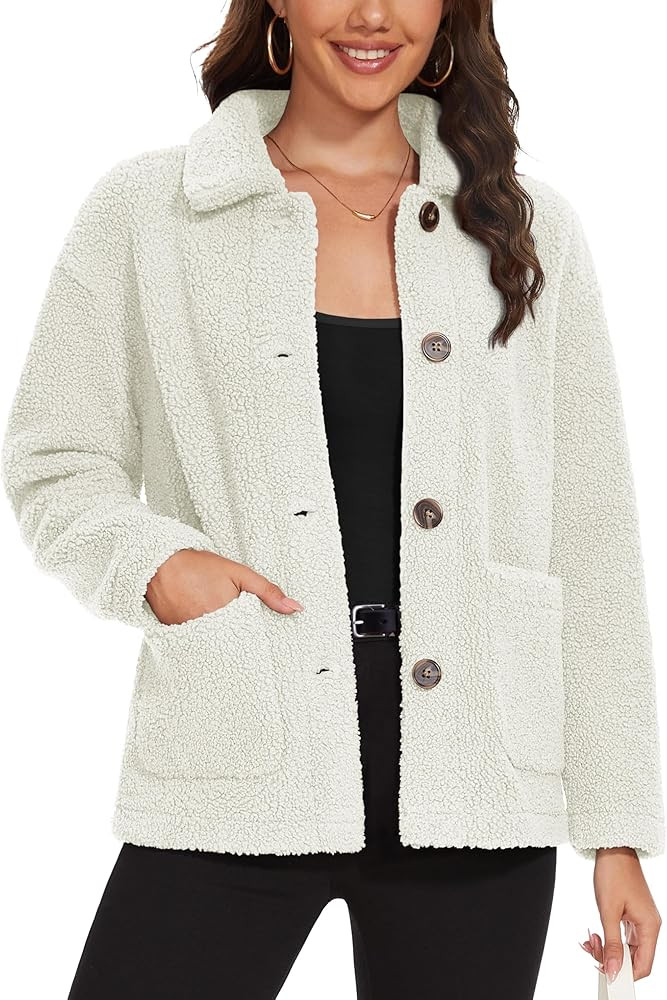 MAGCOMSEN Womens Sherpa Fleece Jackets Fuzzy Warm Winter Jackets Button Down Coat Long Sleeve Out... | Amazon (US)