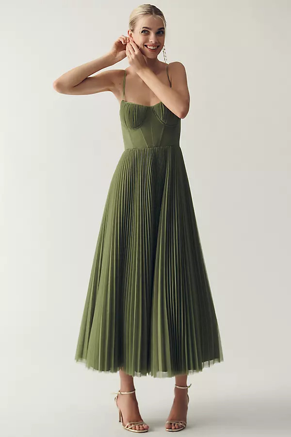 Amara Corset Pleated Tulle Fit & Flare Midi Dress | Anthropologie (US)