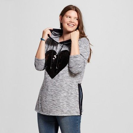 Women's Plus Size Sequin Heart Contrast Trim Hooded Pullover - Miss Chievous (Juniors') | Target