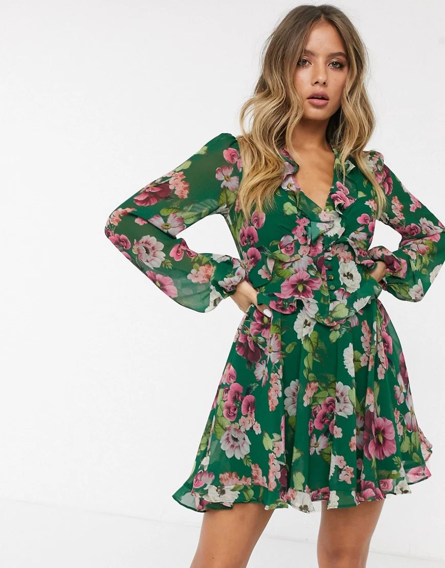 Bardot ruffle mini dress in green floral print | ASOS (Global)