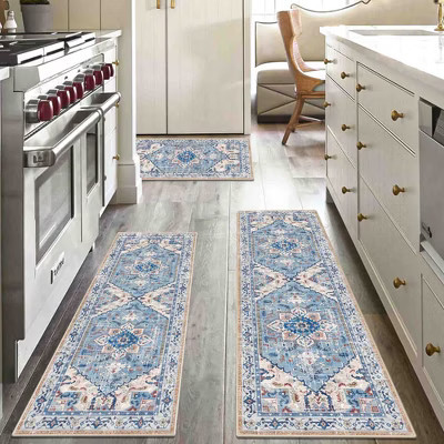 BAGOKIE 3 Piece Boho Kitchen Runner Rug Set, Blue /Pink | Target