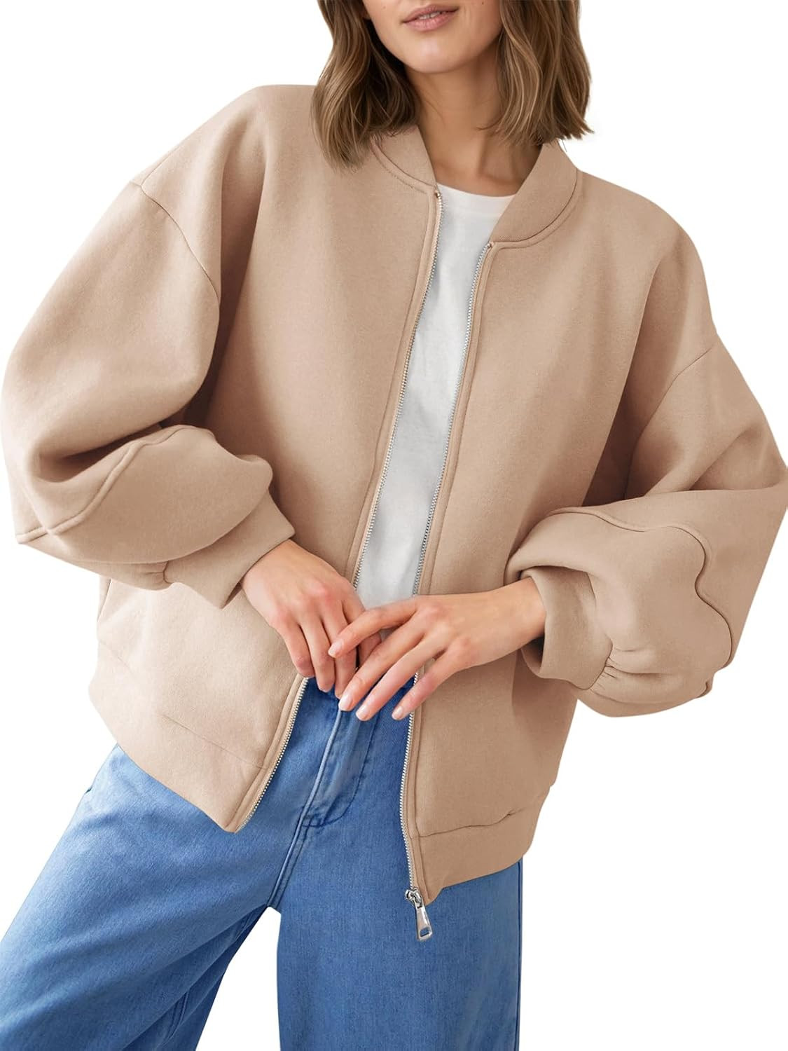 Fisoew Womens Zip Up Sweatshirt Casual Bomber Jacket Lantern Sleeve Oversized Jacket Fall Outfits 2025 | Amazon (US)