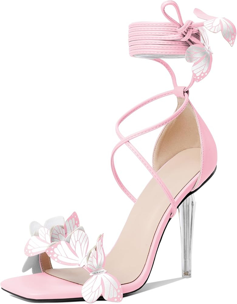 High Heeled Sandals for Women, Ankle Strap Open Toe High Heel Butterfly Heels, Strappy Lace Up Sq... | Amazon (US)