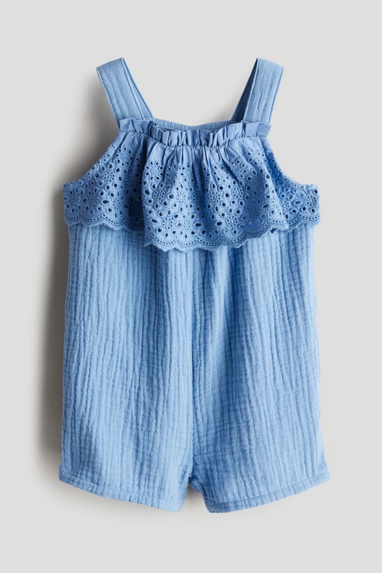 Cotton Muslin Romper Suit - Square Neckline - Sleeveless - Blue - Kids | H&M US | H&M (US + CA)