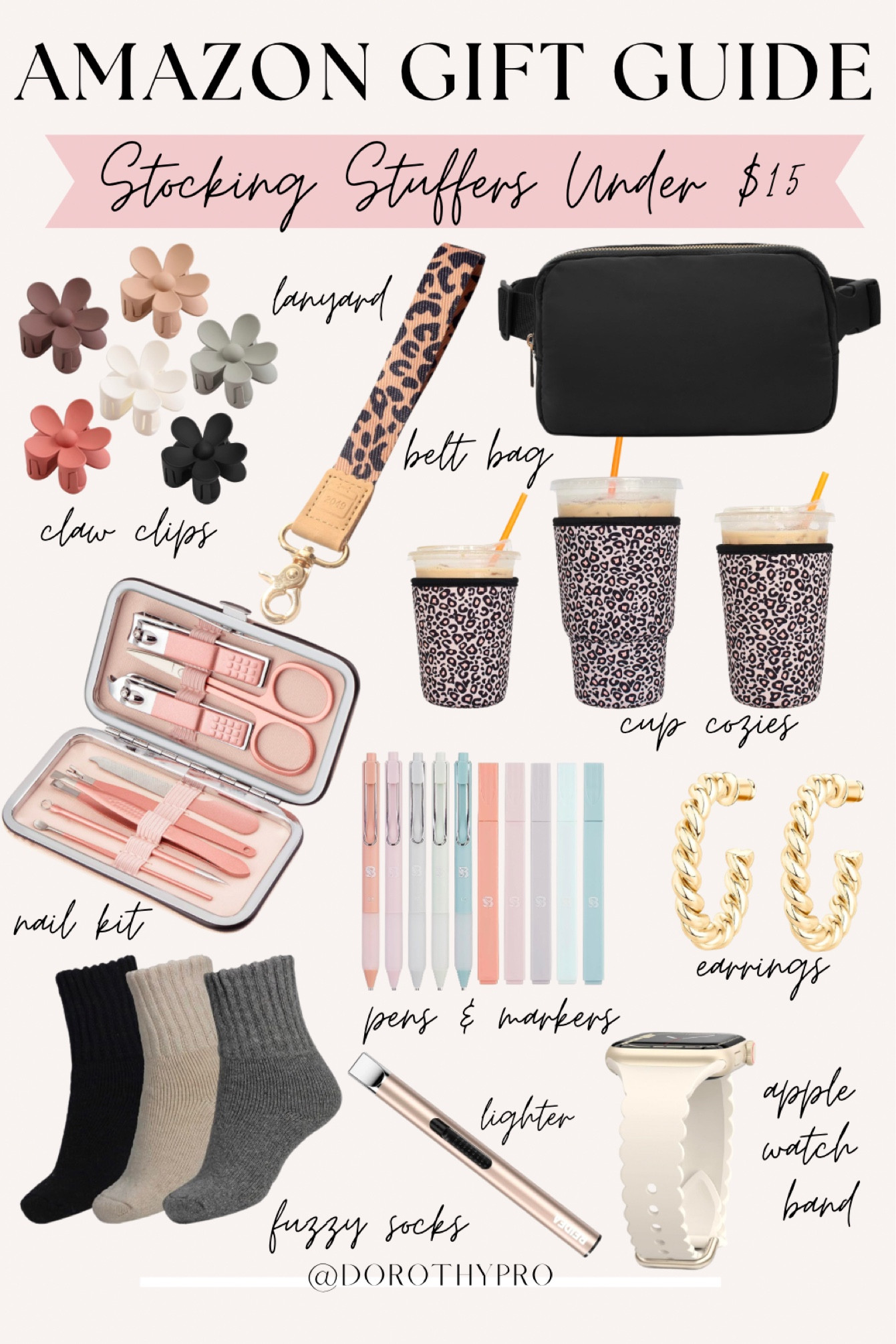 Amazon gift guide for her! Stocking stuffers under $15! Christmas presents from mom, sisters, mother in law, etc  

Cute claw clips, winter cozy socks, nail set, leopard koozies, belt bag, landward, gel pens, hoop earrings, electronic lighter, Apple Watch band. 

#LTKfindsunder50 #LTKHoliday #LTKGiftGuide