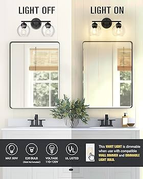 Emak 2-Light Black Bathroom Light Fixtures Over Mirror, Globe Bathroom Vanity Lights with Clear G... | Amazon (US)