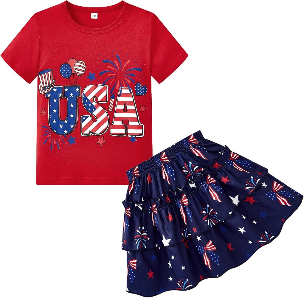 Little Girls Skirt Set - 2 Piece Short Sleeve Top Shirred Tiered Skirt Outfit Girls Spring Summer... | Amazon (US)