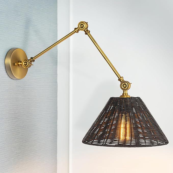 Creative Co-Op Coastal Adjustable Wall Sconce with Black Rattan Shade, Antique Brass Finish | Amazon (US)