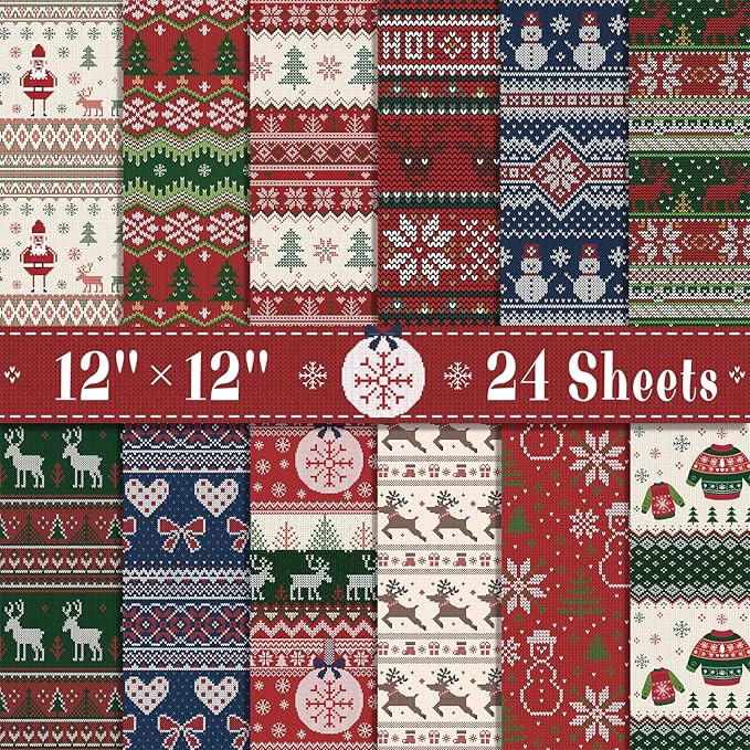 24 Sheets Christmas Scrapbook Paper 12'' × 12'' Double-Sided Xmas Red Green Blue Pattern Paper D... | Amazon (US)