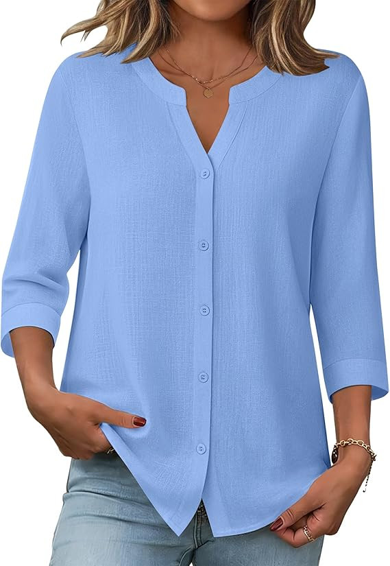 Zeagoo Button Down Shirts for Women 3/4 Sleeve Linen Cotton V Neck Tops Dressy Casual Loose Work ... | Amazon (US)