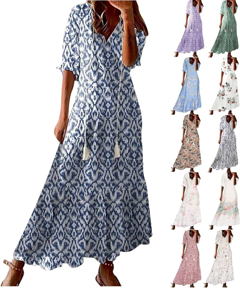 MaMiDay Maxi Dress for Women Half Sleeve Casual V Neck Drawstring Ruffle Collar Dresses 2024 Ligh... | Amazon (US)