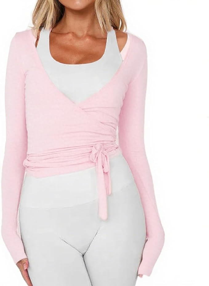 Women Ballet Wrap Top Long Sleeve Self Tie Dance Shirt Pilates Yoga Tops Y2k Workout Active Blous... | Amazon (US)