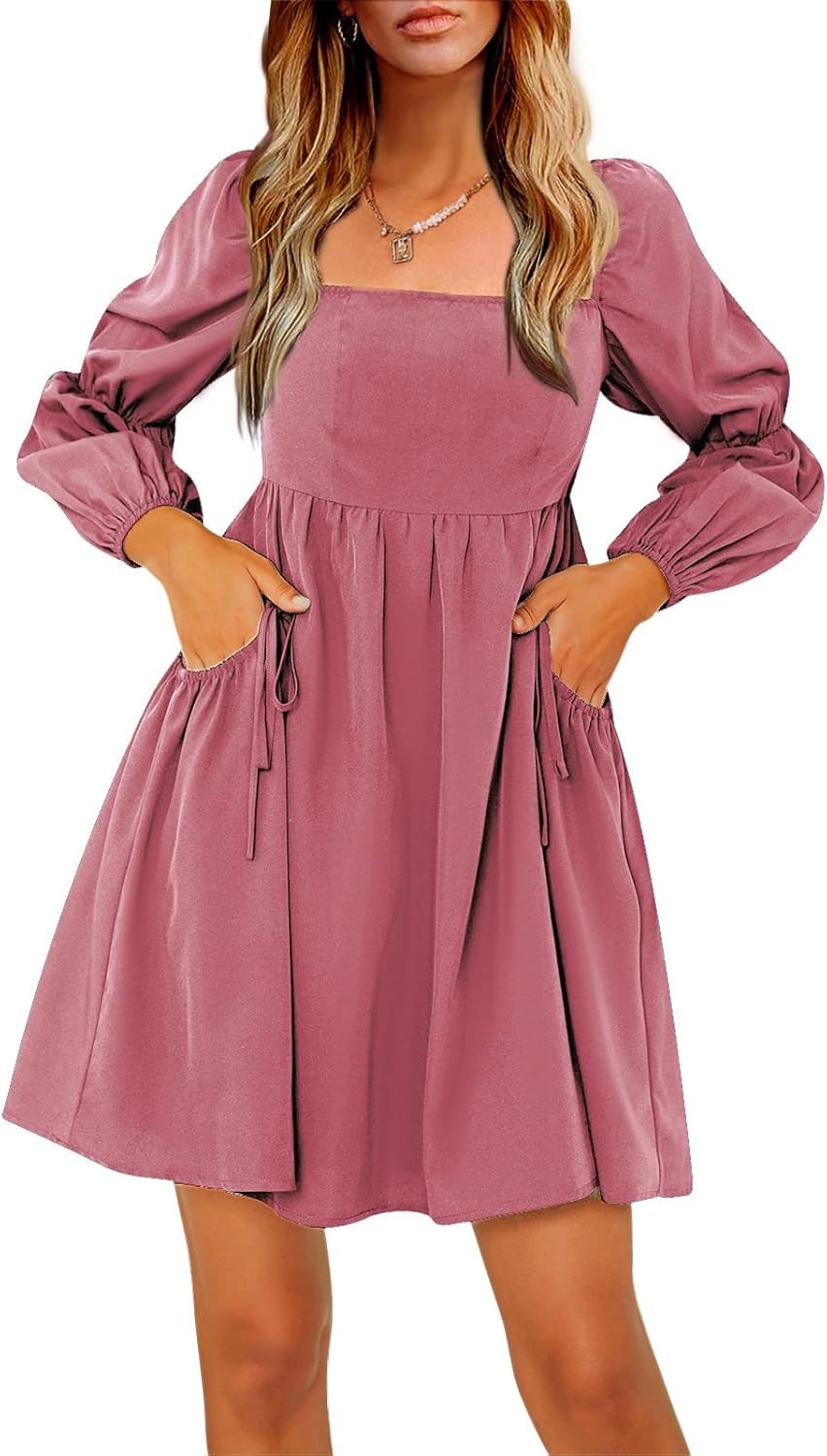 EXLURA Womens Casual Mini Dress Square Neck Long Puff Sleeve Dress Empire Waist Boho Wedding Gues... | Amazon (US)