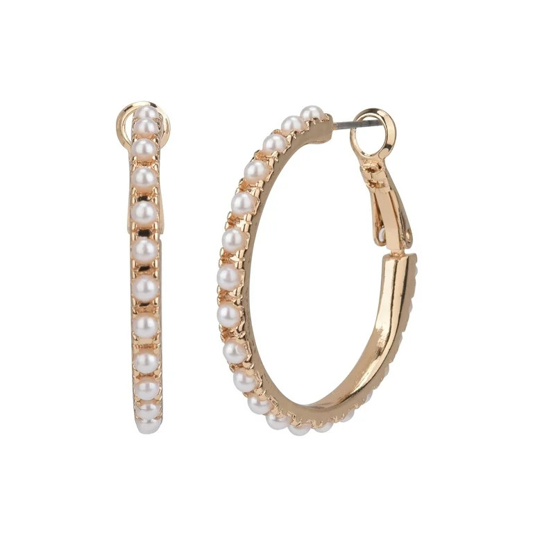 Time and Tru Women's Gold Faux Pearl Bead Hoop Earring - Walmart.com | Walmart (US)