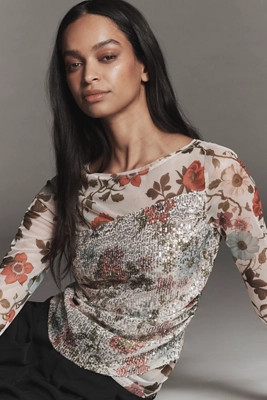 Maeve Long-Sleeve Printed Sequin Mesh Top | Anthropologie (US)