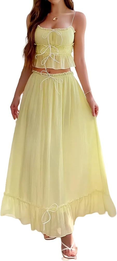2026 Summer 2 Piece Maxi Skirt Set for Women Y2k Bow Tie Crop Top Flowy Ruffle Tiered Dress Vacat... | Amazon (US)