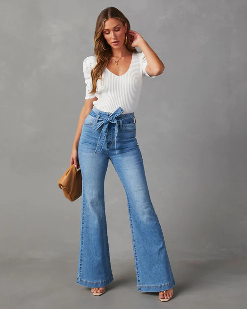 Poppy High Rise Flare Tie Denim - Indigo | VICI