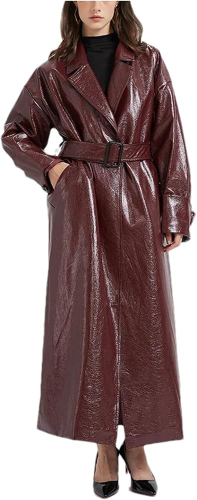 Mnjyihy Women's Leather Trench Coat Overcoat Casual Lapel Open Front Long PU Leather Jacket With ... | Amazon (US)