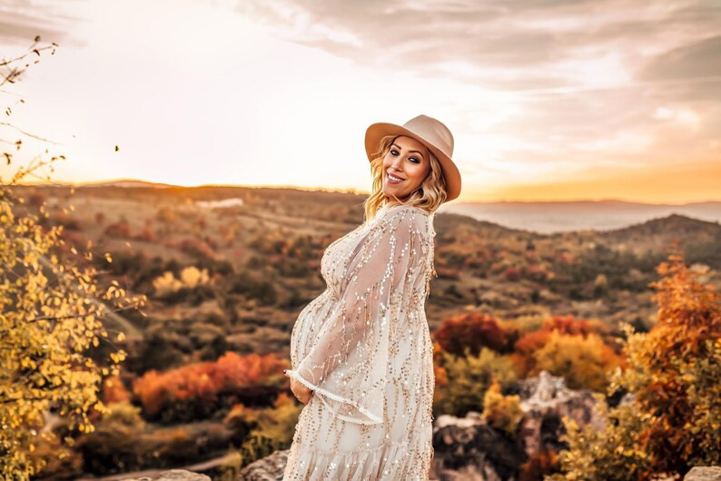 Bloom Celestial Baby Shower Maternity Dress Boho Sparkly Gold Gown for Photoshoot, Sequin Wedding... | Etsy (US)