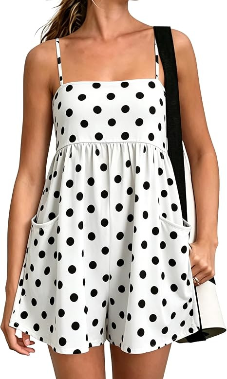 Yeokou Women’s Polka Dot Romper Spaghetti Strap Wide Leg Shorts Overall Casual Summer Beach Vac... | Amazon (US)