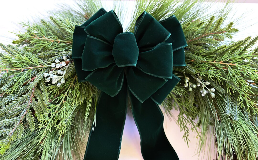 Green Velvet Christmas Bow in Deep Forest Green or Emerald Green: Hand-tied for Tree Wreaths Lant... | Etsy (US)