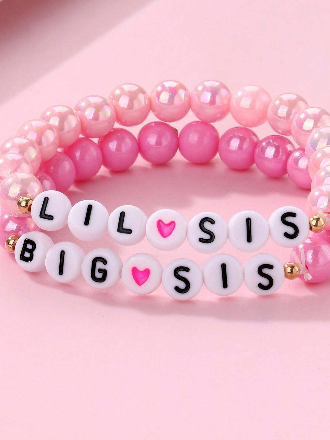 2pcs/Set Colorful Acrylic Beaded Elastic Bracelet With English Letters Big Sis Lil Sis. Suitable ... | SHEIN