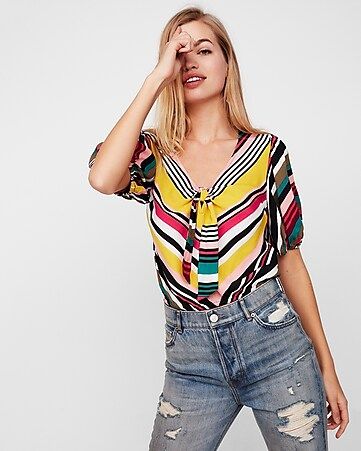 Striped Tie Front Puff Sleeve Top | Express