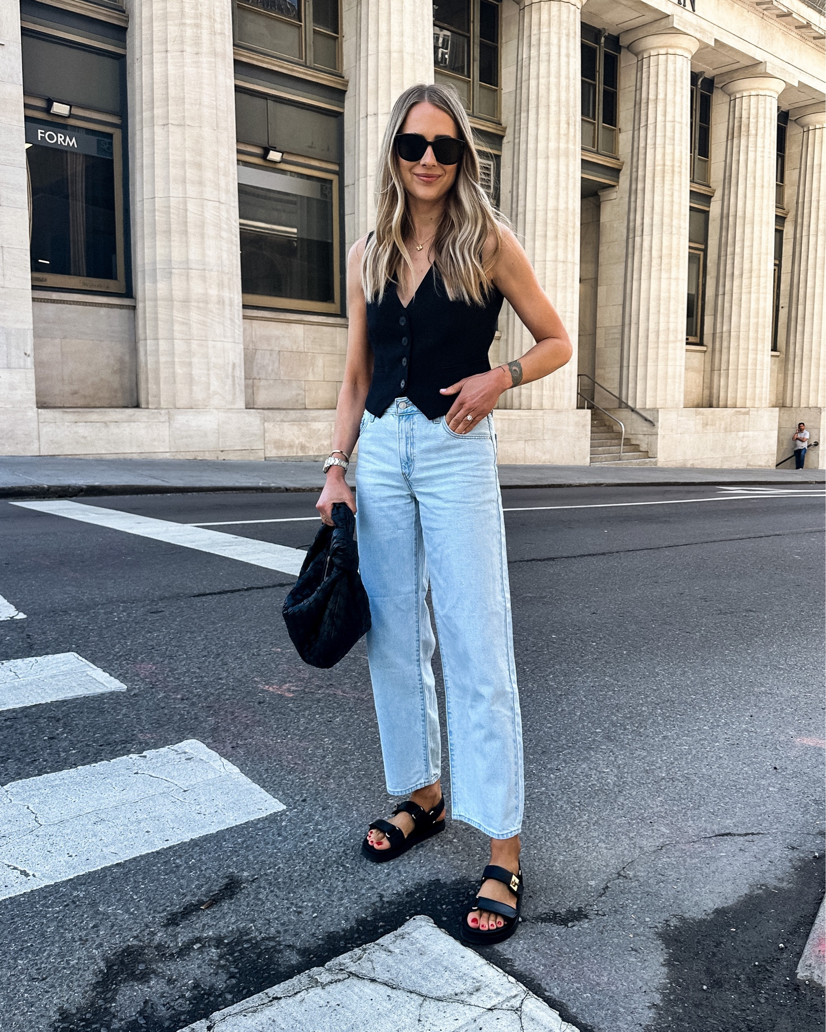 Fashion Jackson wearing black vest (small) Levi’s dad jeans (tts) black dad sandals #fashionjackson #sandals #springoutfit 

#LTKstyletip #LTKshoecrush #LTKunder100
