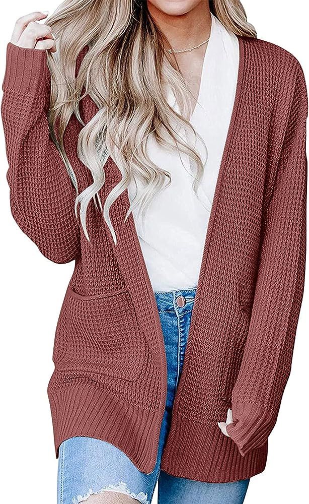 ZESICA Women's 2023 Fall Casual Long Sleeve Open Front Waffle Knit Sweater Cardigans Coat Outwear wi | Amazon (US)
