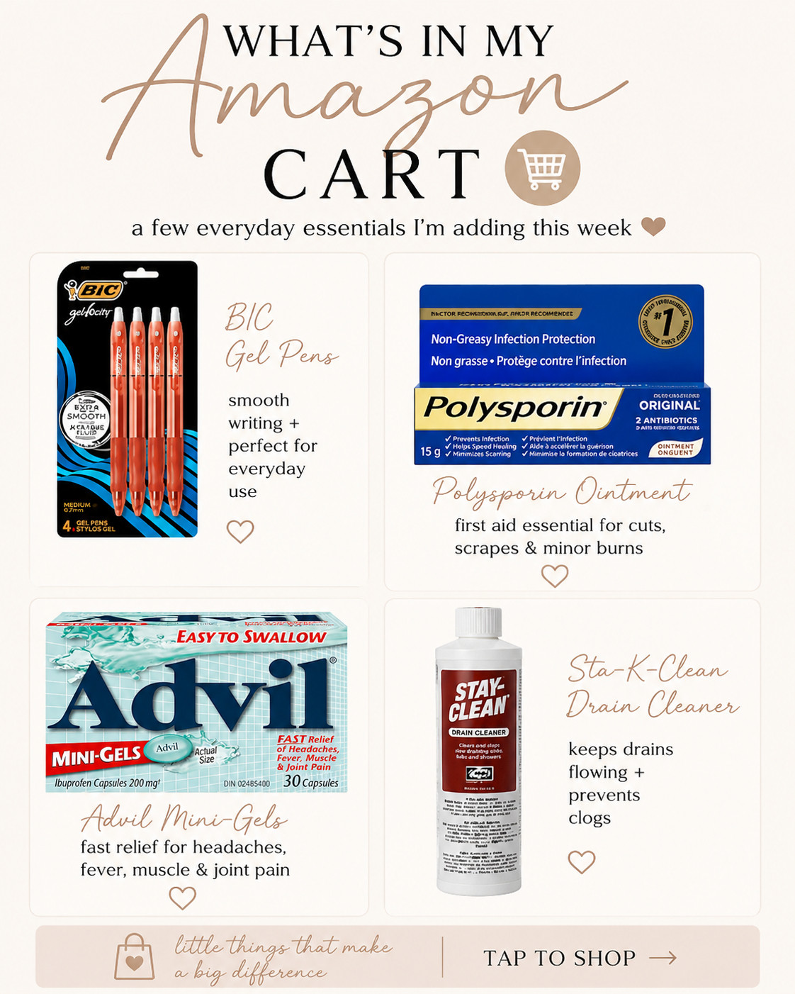Amazon cart lately = a random mix of practical mom-life essentials + everyday favorites 😂 From my go-to BIC gel pens to mini Advil gels that live in every bag, these are the little things I keep reordering because they just make life easier. Also grabbed Polysporin for the medicine cabinet refresh and Stay-Clean liquid for a few home projects around the house. Nothing glamorous… just genuinely useful finds I’ll actually use daily. ✨

Which one would you grab first? 👀

#amazonfinds #amazonfavorites #amazonmusthaves #ltkhome #ltkfinds #momlife #practicalfinds #everydayessentials #amazoncanada #organizedlife #homeessentials #amazoncart #lifehackfinds #adulting #momfavorites #amazonproducts #dailyessentials #shoppingfinds #amazonshopping #favoritesoftheweek 

 