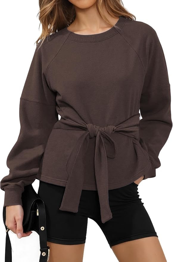 Zhiyouni Women's Long Sleeves Shirt Tops Casual 2026 Fall Fashion Crewneck Tie Knot Sweatshirt Pu... | Amazon (US)